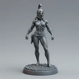 80mm resin detailed miniature of a helmeted muscular woman in full-face iron helmet, navel, on textured disc base; Product Introduction Photos, 4K, Full body