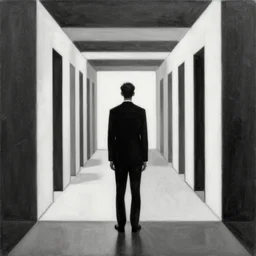 a solemn simulacrum, standing inside an infinite corridor, trending on artstation, abstract black and white painting