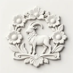 beautiful decorative ornament with classical floral elements emanating from center of design featuring a holy goat, decorative design, classical ornament, motif, bilateral symmetry, roses, leaves, flowers, buds, flowering buds, negative space, highly detailed etching