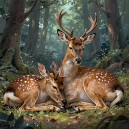 cute stag sleeping close of her stag mother in magistral forest, 8 k resolution matte fantasy painting, cinematic lighting, deviantart artstation, jason felix steve argyle tyler jacobson peter mohrbacher