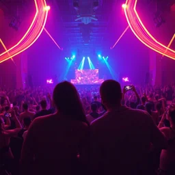 in the front 2 friends partying in a concert facing to the camera, in the back a huge crowd and neon lines, abstract surrealism