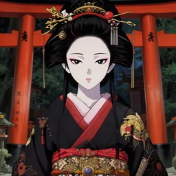 techwear occultist, torii, shrine, inari shrine, miko, geisha, beautiful, detailed symmetrical close up portrait, intricate complexity, in the style of kyoto animation key visuals and takato yamamoto, artgerm, cel shaded