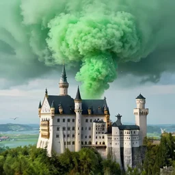 castle landscape that is filled with big green fart clouds