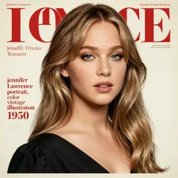 “jennifer Lawrence portrait, color vintage magazine illustration 1950”