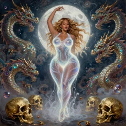 concept art of translucent glowing curvy woman dancing, big booty, flowy, melting, round moon, swirly clouds, very detailed, volumetric light, mist, fine art, textured oil over canvas, dragons, epic fantasy art, very colorful, ornate intricate scales, gold skulls, fractal gems, 8 k, hyper realistic, beyonce high contrast