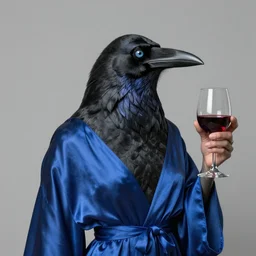 anthropomorphic raven in blue silk gown holds a glass of wine - subject details: anatomically accurate and highly detailed facial features with realistic and highly detailed by greg rutkowsky