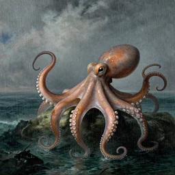 giant octopus thrashing about in the rain on a stormy ocean, by jmw turner