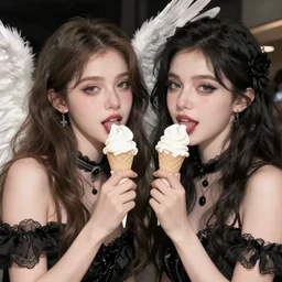 two very beautiful attractive young women licking ice cream, one with an angel wing. soft lighting, glamour, detailed, illustration, color, concept art, gothic beauty, concept art, glamour, concept art, fashion photo, conceptual, concept art, digital painting, illustration, realistic, real life
