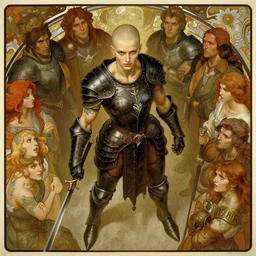 muscular young female warrior in dark leather armor with studs, bald, with tattoos, fantasy, high angle, art by joseph leyendecker, peter mohrbacher, ruan jia, finnian macmanus, marc simonetti, dean cornwell, ayami kojima, vasnetsov, cedric peyravernay, alphonse mucha