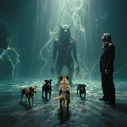 the dog guards the strange creature, liminal space, water caustics, film still from the movie directed by denis villeneuve and david cronenberg with art direction by h. r. giger and salvador dali, wide lens
