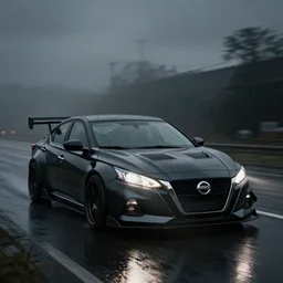 black Nissan Altima 2022. Altima GT modified large wing big front lip hood scoop car racing on dimly lit street overcast skies raining headlights illuminating road, volumetric lighting cinematic vray photo muted colors dark cinematic. dark photo. front side view uncropped centered. artstation trending dramatic harsh lighting low exposure, motion blur, dof