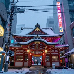 a Japanese cyberpunk shrine, snowing, photograph,sharp focus, intricate detail, high resolution, 8k, neon streetlights, wires hanging down everywhere, Japan, colourful,,