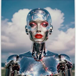 analog polaroid portrait of a chrome female robot looking at the camera, vintage science fiction, sheen, red lipstick, red reflections, unreal engine, azure sky, big clouds visible, sunlight, reflection, sparkles, lensflare, film grain, depth of field, color bleed