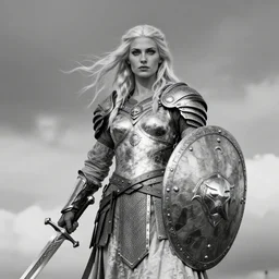 monochrome platinum viking warrior goddess holding a shield and sword amidst the sky