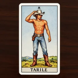a beautiful tarot!! card of a handsome! shirtless! cowboy wearing cowboy hat and boots with a chunky! build and beer belly!, homoerotic!!, art deco!!, art nouveau!,  by Walter Crane, by Mark Maggiori, trending on artstation