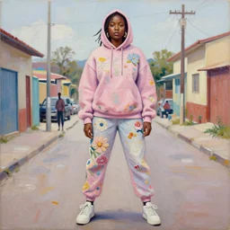 candice swanepoel wearing a hoodie standing in a township street in the style of martine johanna, street clothing, haute couture! fashion!, full figure painting by andrei riabovitchev, tara mcpherson, david choe, decorative flowers, detailed painterly impasto brushwork, pastel color palette, die antwoord