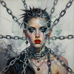 chained sophisticated depravity, mixed media collage, assemblage, oil painting, minimalist, contemporary art, punk art, photorealistic, portrait, expressionism, masterpiece, dynamic composition, spectacular quality, intricate details, shattered glass texture, chains, smoke, water, light vivid