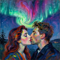 close portrait of woman and man kissing. aurora borealis. iridescent, vivid psychedelic colors. painting by caravaggio, agnes pelton, utamaro, monet