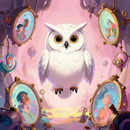 anthropomorphic wise wealthy white - owl travels through time via steampunk portals, pixiv fanbox, dramatic lighting, maximalist pastel color palette, splatter paint, pixar and disney exploded - view drawing, graphic novel by fiona staples and dustin nguyen, peter elson, alan bean, wangechi mu
