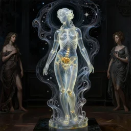 The dark room without doors and windows with beautiful full-body wax sculpture of the glowing transparent woman with visible golden bones inside her in the singularity where stars becoming baroque folds of dark matter by Michelangelo da Caravaggio, Nicola Samori, William Blake, Alex Grey and Beksinski, dramatic volumetric lighting, super detailed oil painting, 8k, masterpiece