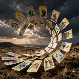 whirlwind of tarot cards, volumetric lighting, landscape, by greg rutkowski