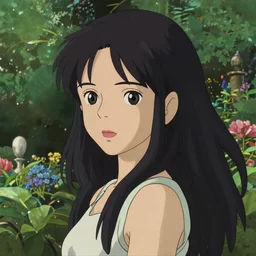 a beautiful girl with long black hair, royal garden background, sharp focus, intricate, digital painting, artstation, highly detailed, ambient lighting, by Studio Ghibli, artgerm, Ilya Kuvshinov, and Greg Rutkowski
