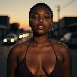 portrait face of a curvy beautiful gorgeous black edgy model girl, bikini, big lips, she's mad, sunset, street of africa at night, 8 0 mm lens, 1. 2 aperture, grainy image, close up, cinematic light, 8 k, 4 k, very detailed, depressing atmosphere, cover magazine