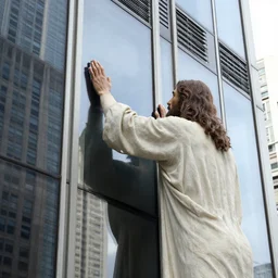 big jesus is knocking on the skyscraper windows of the united nations