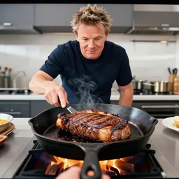 gordan ramsey cooking a steak on a cast iron skillet over an open fire, pov camera, television production, mid day