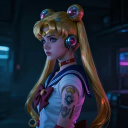 a portrait of the neon cyberpunk sailor moon with arm tattoos, single person, dystopian scifi gear, gloomy, profile picture,