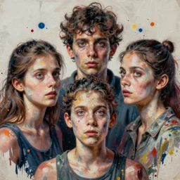 terrifying trompe l'oiel painting of three people,  confusing optical illusion, splatter paint and hyperrealism, macro photography 8k,  this picture looks different from far away