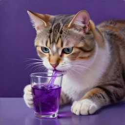 a realistic painting of a cat drinking lean. cup full of purple liquid, sci - fi