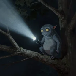 a strange gray creature in the tree branches at night illuminated by a flashlight beam, Trevor henderson digital art, realistic, low photo quality