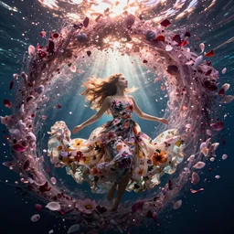 Triss Merigold in a swirling sundress of flowers, underwater, floral explosion, radiant light, vortex of plum petals, by WLOP, Victo Ngai and artgerm, artstation, deviantart