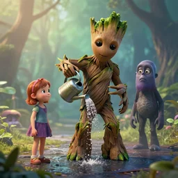 photorealistic wide shot of Groot watering Audrey two from little shop or horrors with a watering can, octane render, unreal engine 4k, volumetric light, fog, detailed –n 9