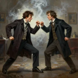 the invisible man fighting sherlock holmes and doctor watson inside smoke, painting, digital art. n - 8