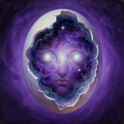 god _ in _ the _ astral _ void _ head _ see _ through _ glass _ like _ filled _ with _ stars _ srounded _ by _ purple _ void _ split _ open _ like _ cracked _ egg _ wound _ glowing _ with _ universe _ glowing _ eyes _ no _ nose. psychedelic art. neo classical painting. stunning ethereal aesthetics, octane render, digital painting art wisdoms from alternate reality. z