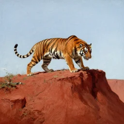 a tiger attacking on top of a red dirt mountain cliff by chesley bonestell