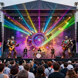 an outdoor festival stage with audience, on stage is a rockband with 3 steampunk robots with guitars and drums, center of the stage is a big steampunk generator, laser show, 8 k, fluorescent colors, halluzinogenic, multicolored, exaggerated detailed, unreal engine, 8 0 mm lens