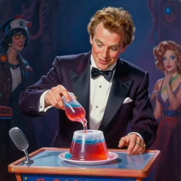 a photorealistic highly detailed painting of a vintage 1 9 9 0's game show host making jelly by johfra bosschart, lisa frank, kinkade, visionary art, dark fantasy art, high detail, trending on artstation