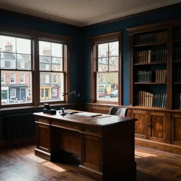 traditional english office room natural lights victorian townhouse home interior, dark blue and brown wood colors cozy
