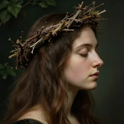 A detailed woman's profile, long hair, closed eyes, wearing a twig crown by Hendrick ter Brugghen and Martin Parr. masterpiece. hq. ultra detailed. realistic. moody. plants in the background. cinematic.