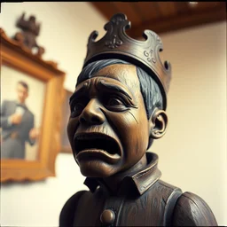 kodak portra 4 0 0, wetplate, muted colours, blueberry, 1 9 3 0 s style, award winning portrait of wooden skulptur of furiously crying prince by willy verginer in a vernissage, haze, motion blur, in the style of britt marling and by georges melies