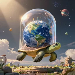 a beautiful hyperrealistic detailed miniature diorama of a turtle holding the earth on its back with a glass dome over it flying in space studio ghibli, by jordan grimmer and hayao miyazaki and adolf hira, crepuscular ray, vibrant, 3 d, wide angle, epic, morning light - emitting, vast, trending on artstation, intricate, atmospheric lighting, unreal engine, 8 k resolution, ultrafine detail, octane render
