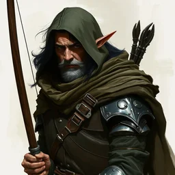 an older elf black - haired, warrior with leather armor and long bow!! cloak, head and torso concept character art by bob eggleton and michael garmash, trending on artstation