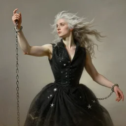briareus with light white hair and a black vest, windy, chains on hands, stars, stoic, modern maximalist fashion dress, is ( ( with arms half lifted toward us ) ). light dust, magnificent, hyperdetailed, theatrical, painted by jean honore fragonard and greg rutkowski