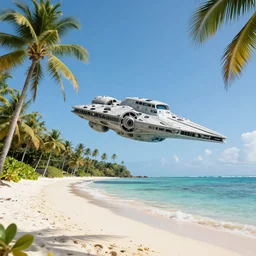 a beautiful tropical beachfront with a sith star destroyer floating in the back round sky