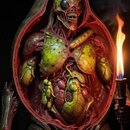 airbrush cross section insect viscera purulent armor, syd mead, chris foss, enric torres, alberto bontempi, feng zu hyper realism, narrative light, red & lime colors, epic, hyper detailed, awe inspiring, award winning horror, torch lighting, hyper realism, cinematical