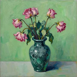 abstract yet impressionistic painting of a green marble vase with dying pink roses inside against a green background