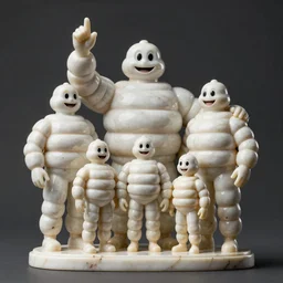 alabaster Bibendum model, family portrait of Michelin Man, Bibendum family portrait, sculpture, photograph, studio lighting, product photography, while marble, figurine, octane render